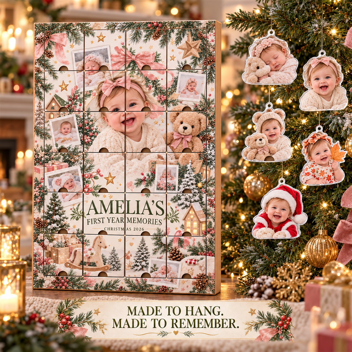 Personalized Baby's First Year Memories Advent Calendar with 24 Photo Ornaments