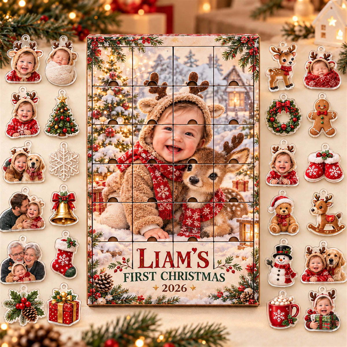 Personalized Little Reindeer Baby Christmas Advent Calendar with 24 Photo Ornaments