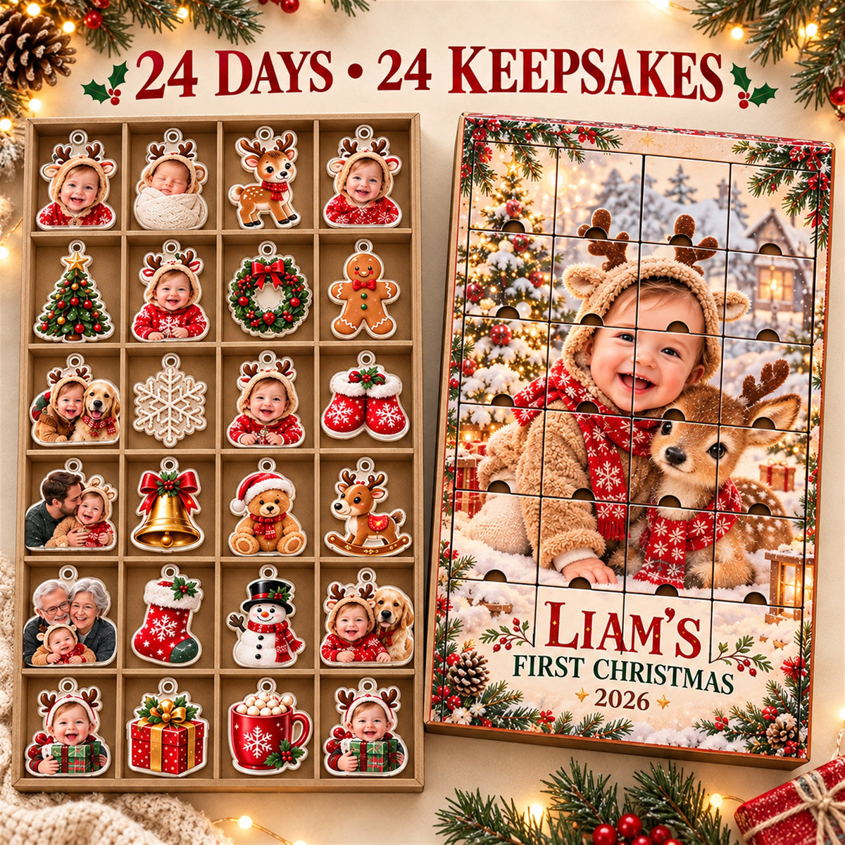 Personalized Little Reindeer Baby Christmas Advent Calendar with 24 Photo Ornaments
