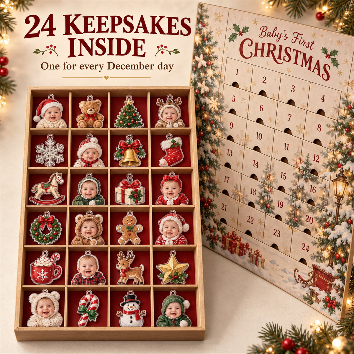 Personalized Teddy Bear Baby First Christmas Advent Calendar with 24 Photo Ornaments