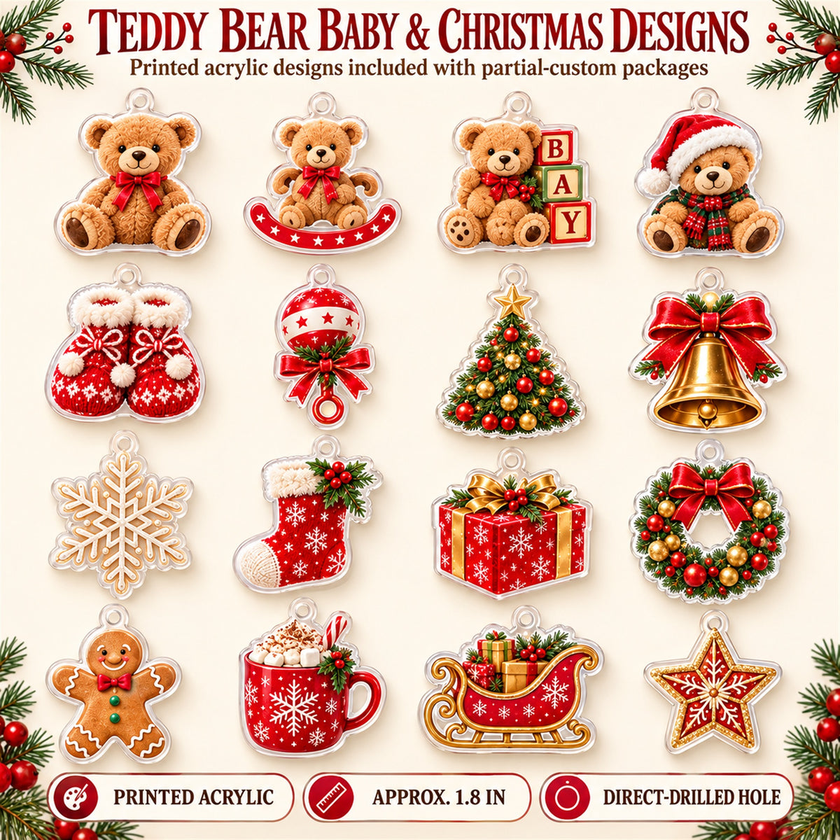 Personalized Teddy Bear Baby First Christmas Advent Calendar with 24 Photo Ornaments