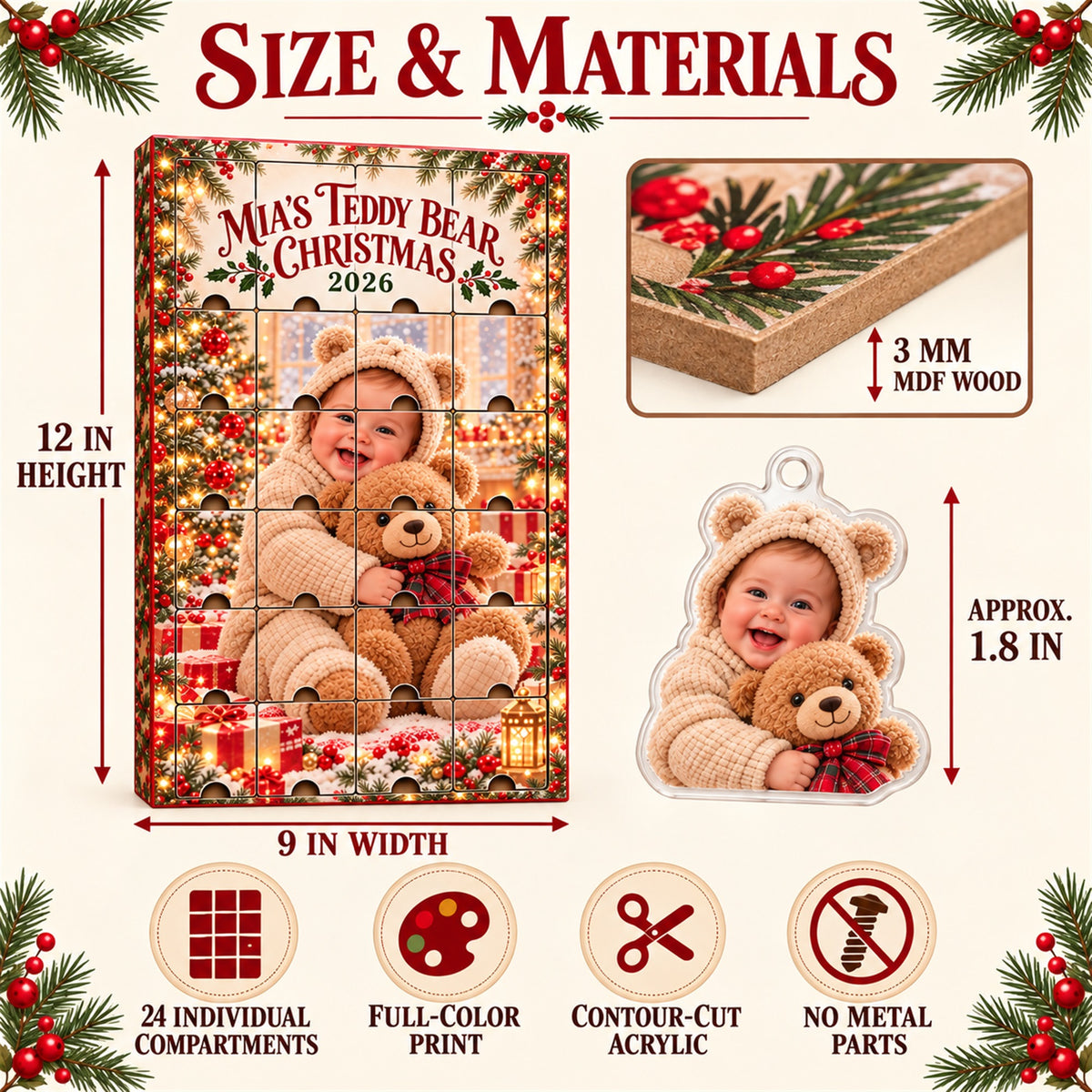 Personalized Teddy Bear Baby First Christmas Advent Calendar with 24 Photo Ornaments