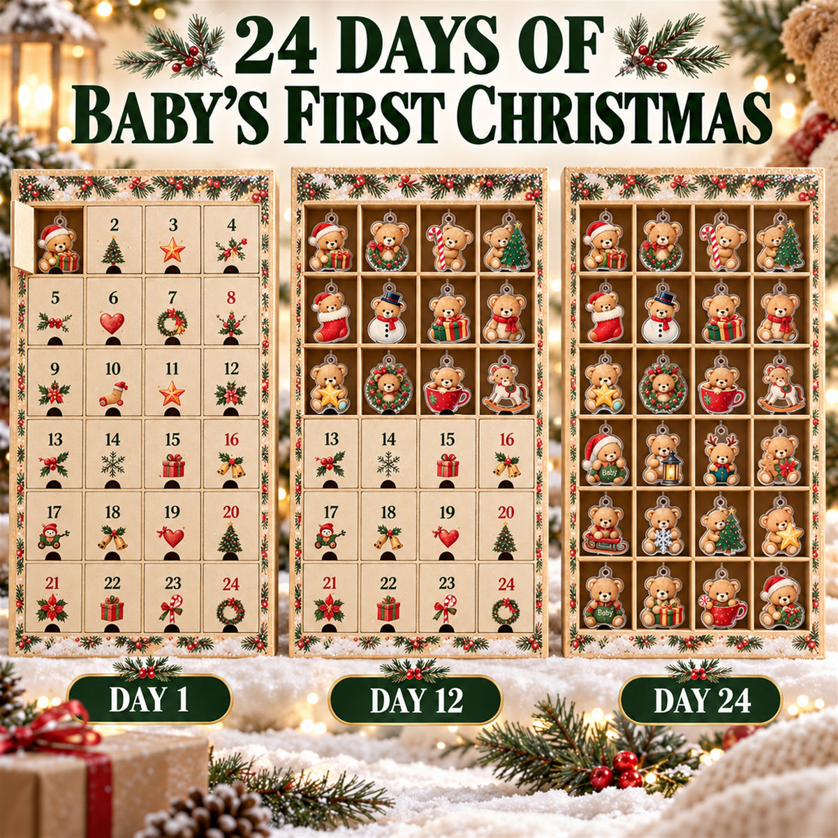 Personalized Teddy Bear Baby First Christmas Advent Calendar with 24 Photo Ornaments