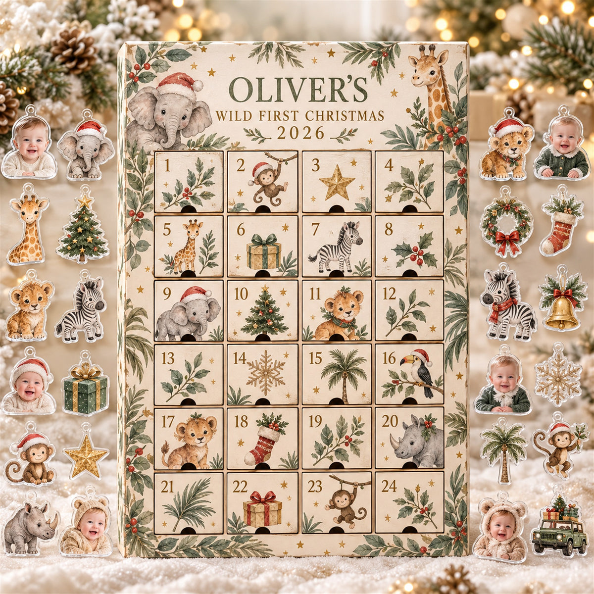 Personalized Safari Baby First Christmas Advent Calendar with 24 Photo Ornaments