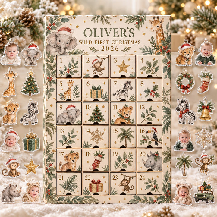 Personalized Safari Baby First Christmas Advent Calendar with 24 Photo Ornaments