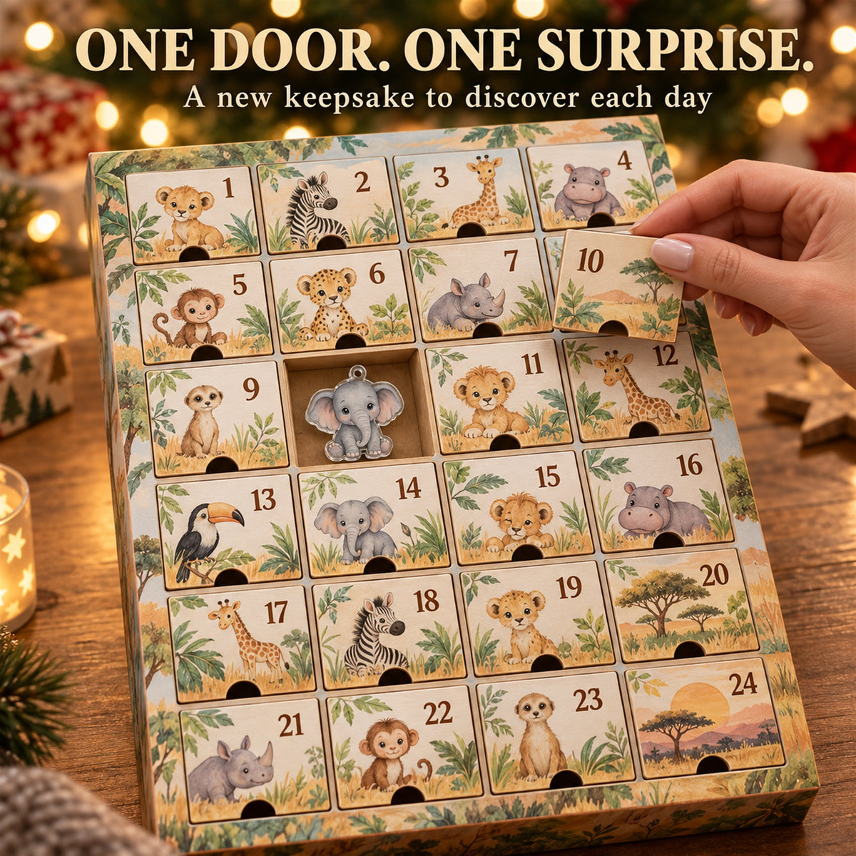 Personalized Safari Baby First Christmas Advent Calendar with 24 Photo Ornaments