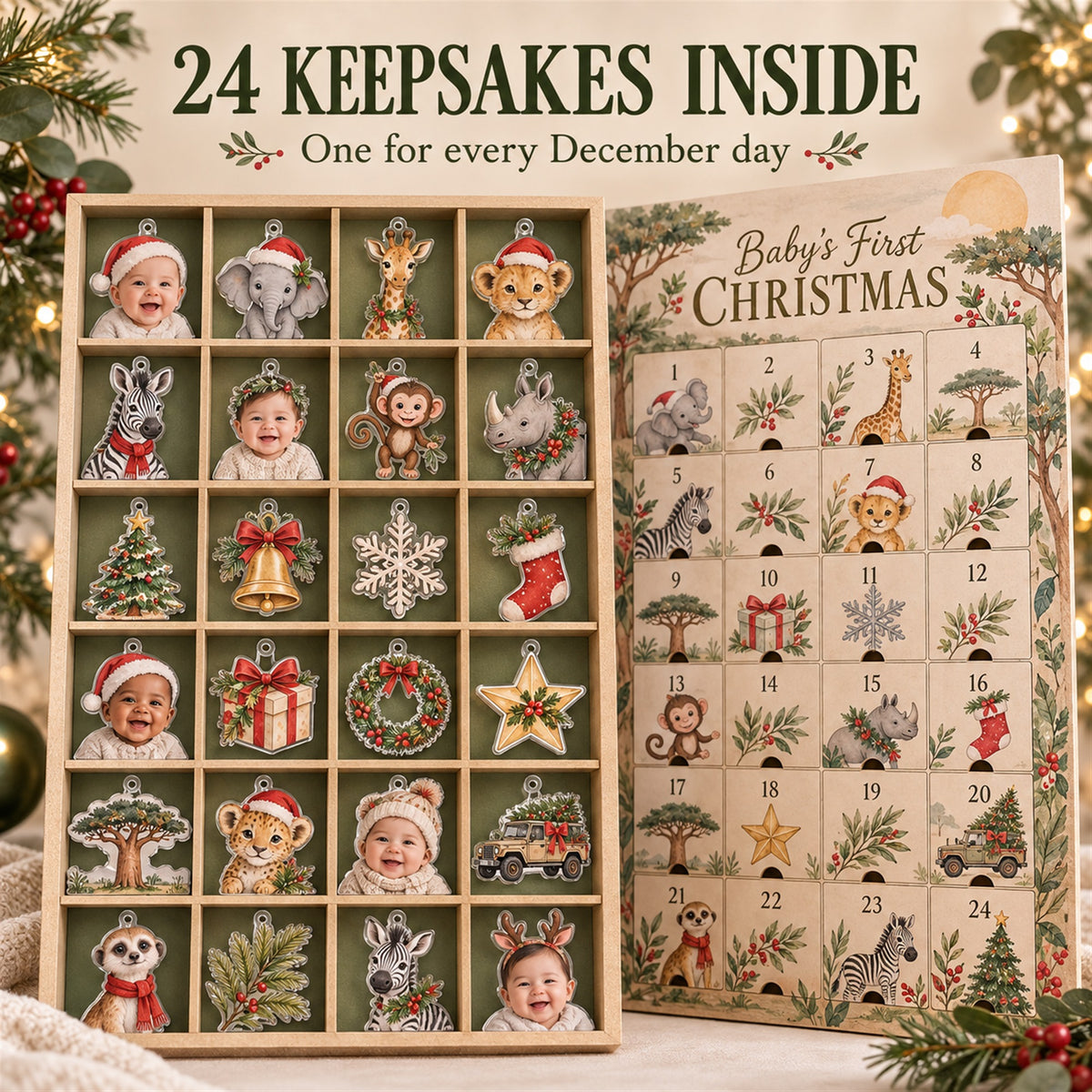 Personalized Safari Baby First Christmas Advent Calendar with 24 Photo Ornaments