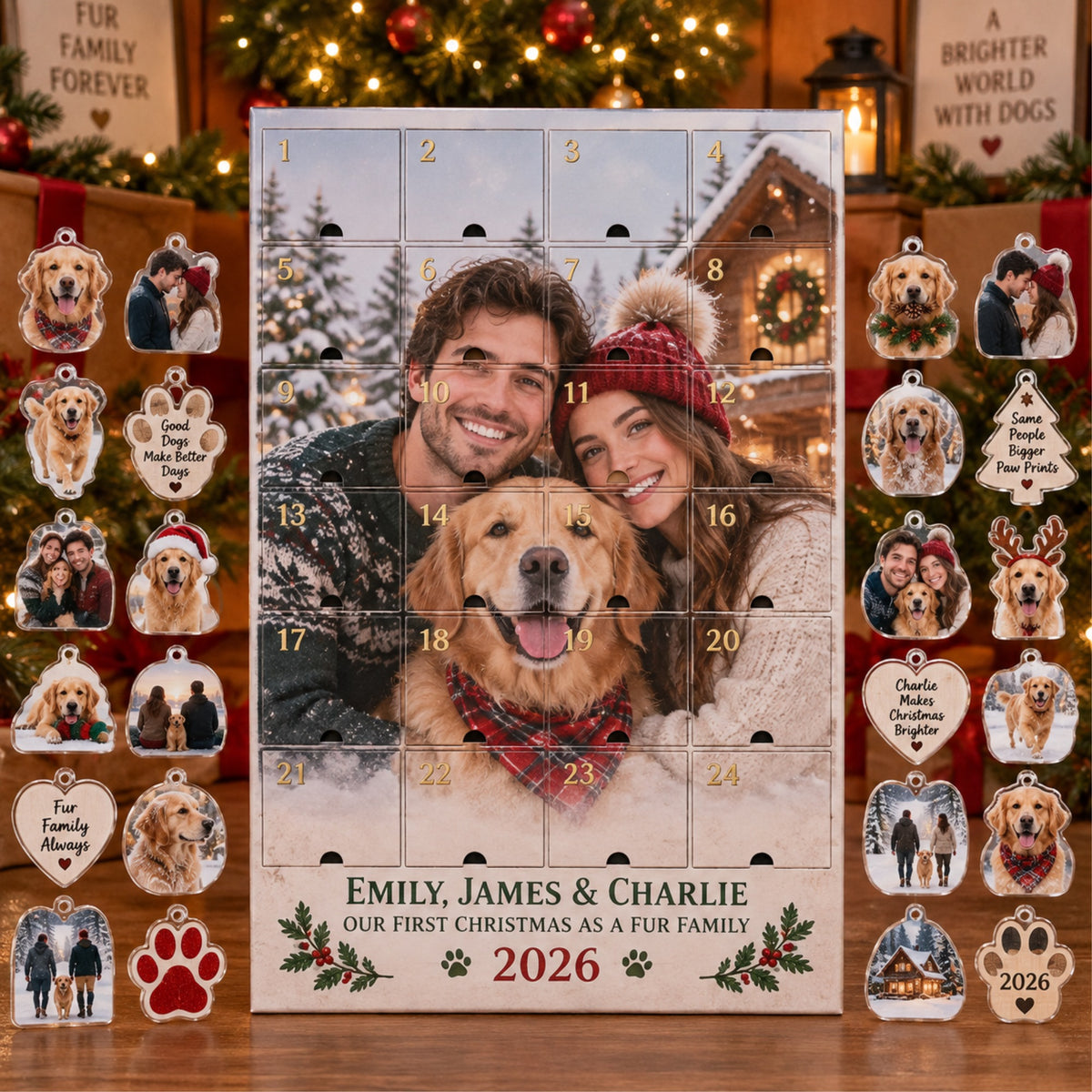 Personalized Our First Christmas Fur Family Advent Calendar with 24 Photo Ornaments