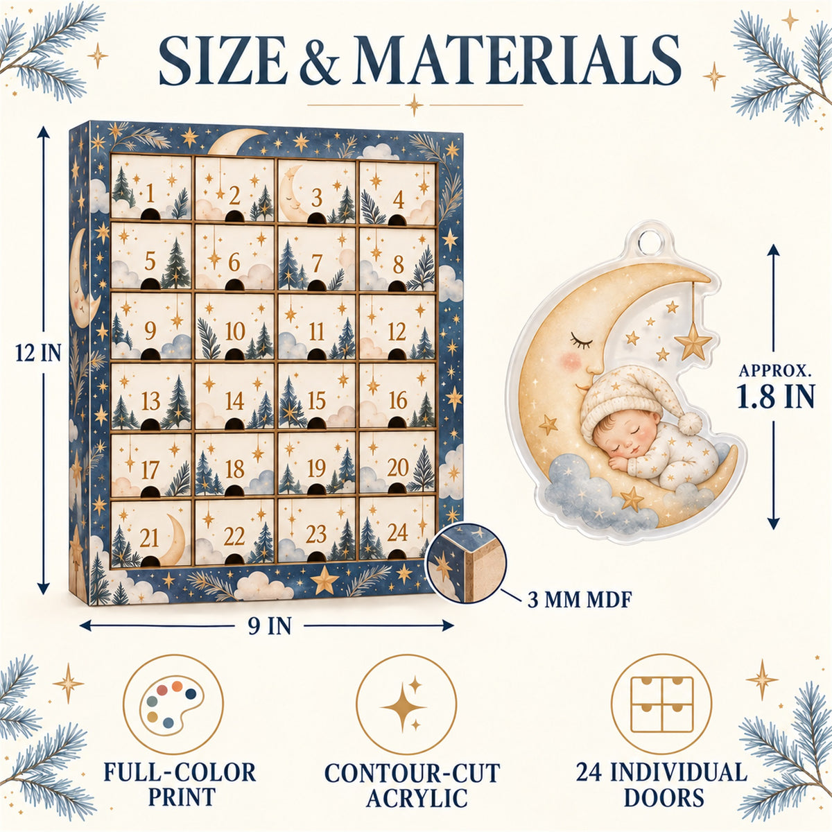 Personalized Boho Moon Stars Baby Christmas Advent Calendar with 24 Photo Ornaments