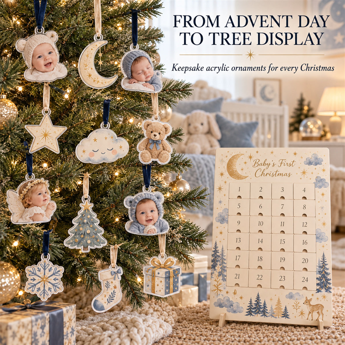 Personalized Boho Moon Stars Baby Christmas Advent Calendar with 24 Photo Ornaments