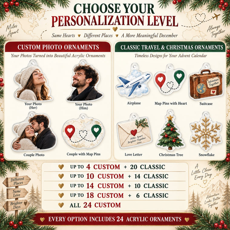 Personalized Miles Apart Hearts Together Advent Calendar with 24 Photo Ornaments