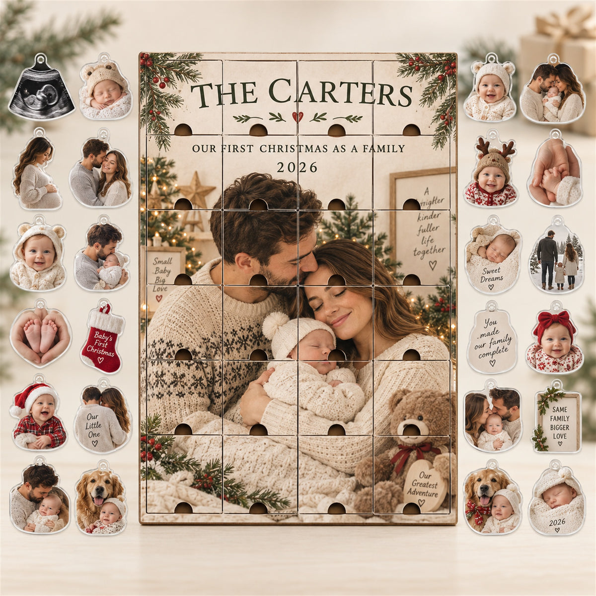Personalized Our First Christmas As A Family Advent Calendar with 24 Photo Ornaments