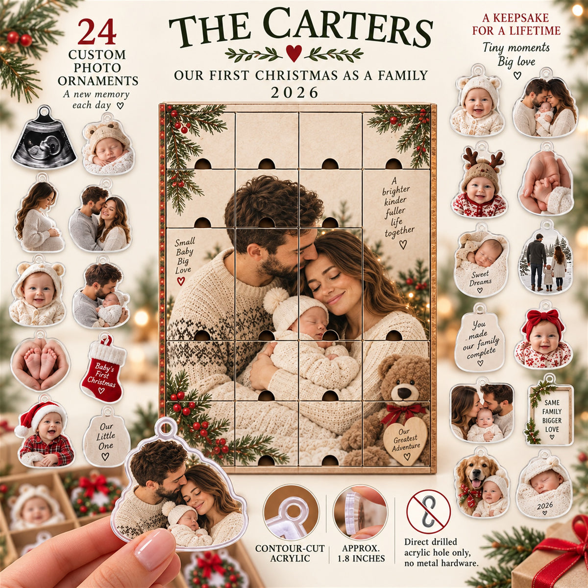 Personalized Our First Christmas As A Family Advent Calendar with 24 Photo Ornaments