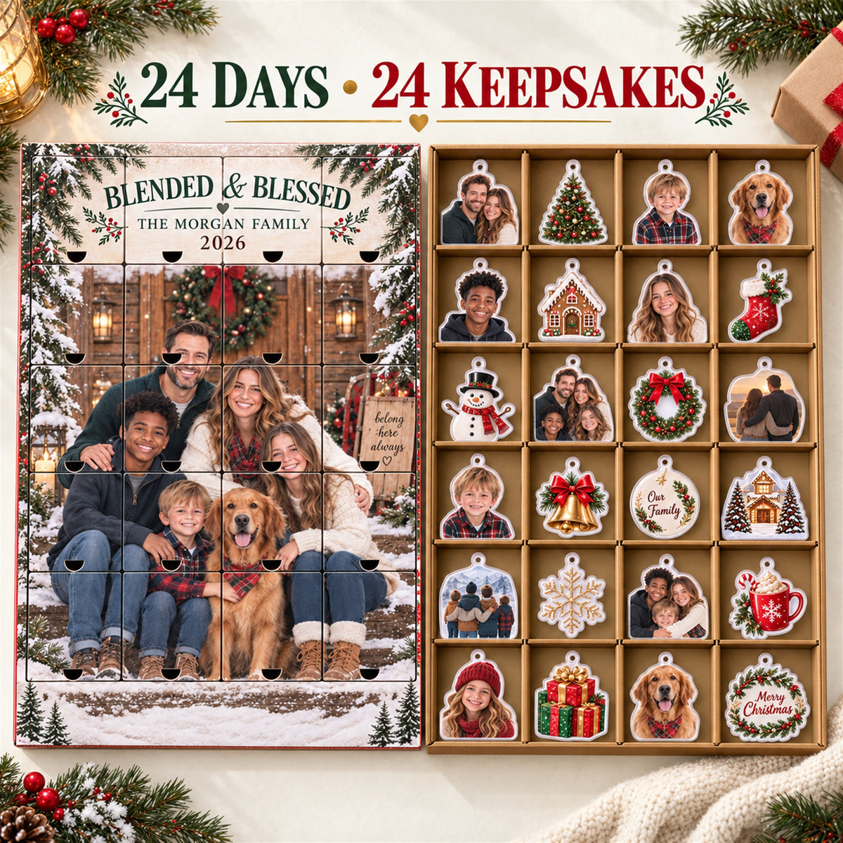Personalized Blended And Blessed Family Advent Calendar with 24 Photo Ornaments