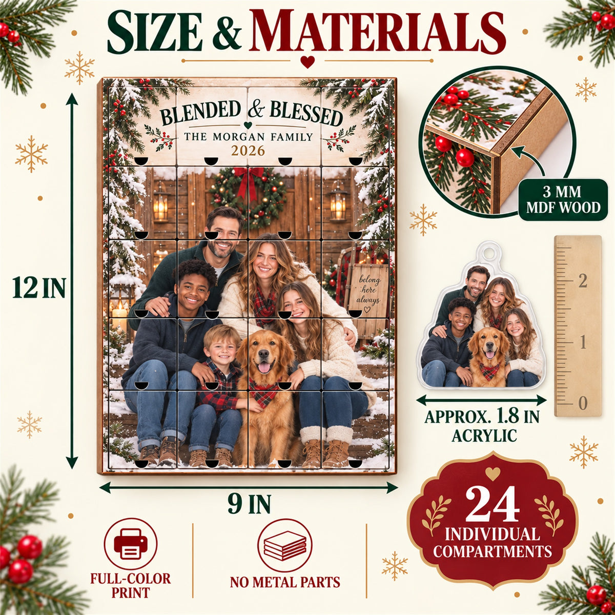 Personalized Blended And Blessed Family Advent Calendar with 24 Photo Ornaments