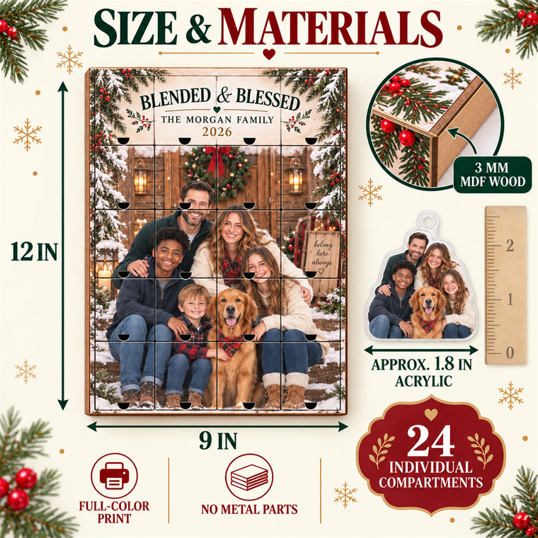Personalized Blended And Blessed Family Advent Calendar with 24 Photo Ornaments