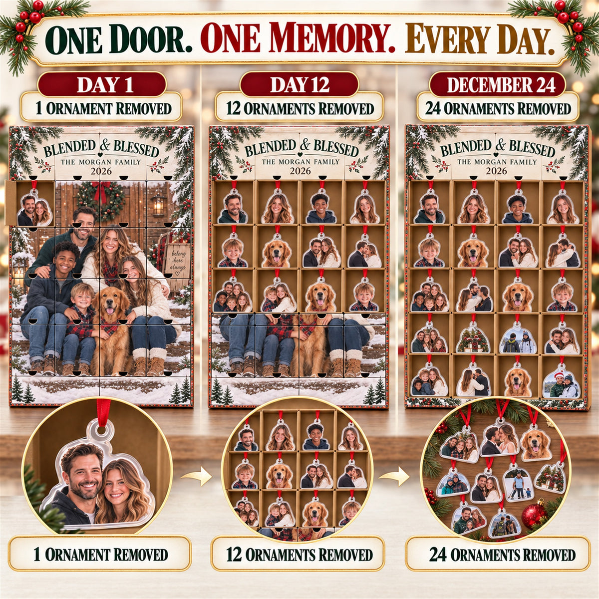 Personalized Blended And Blessed Family Advent Calendar with 24 Photo Ornaments