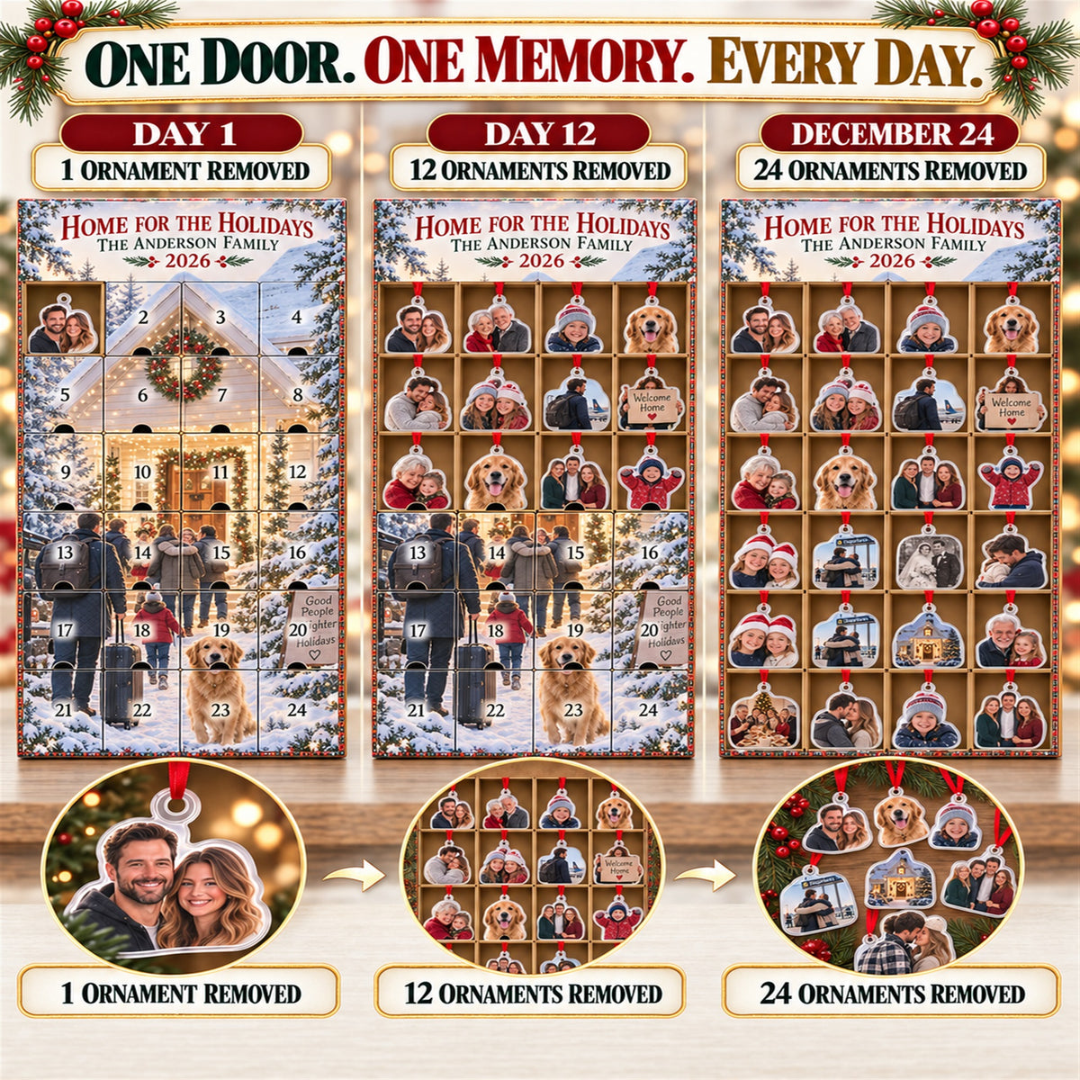 Personalized Home For The Holidays Family Reunion Advent Calendar with 24 Photo Ornaments