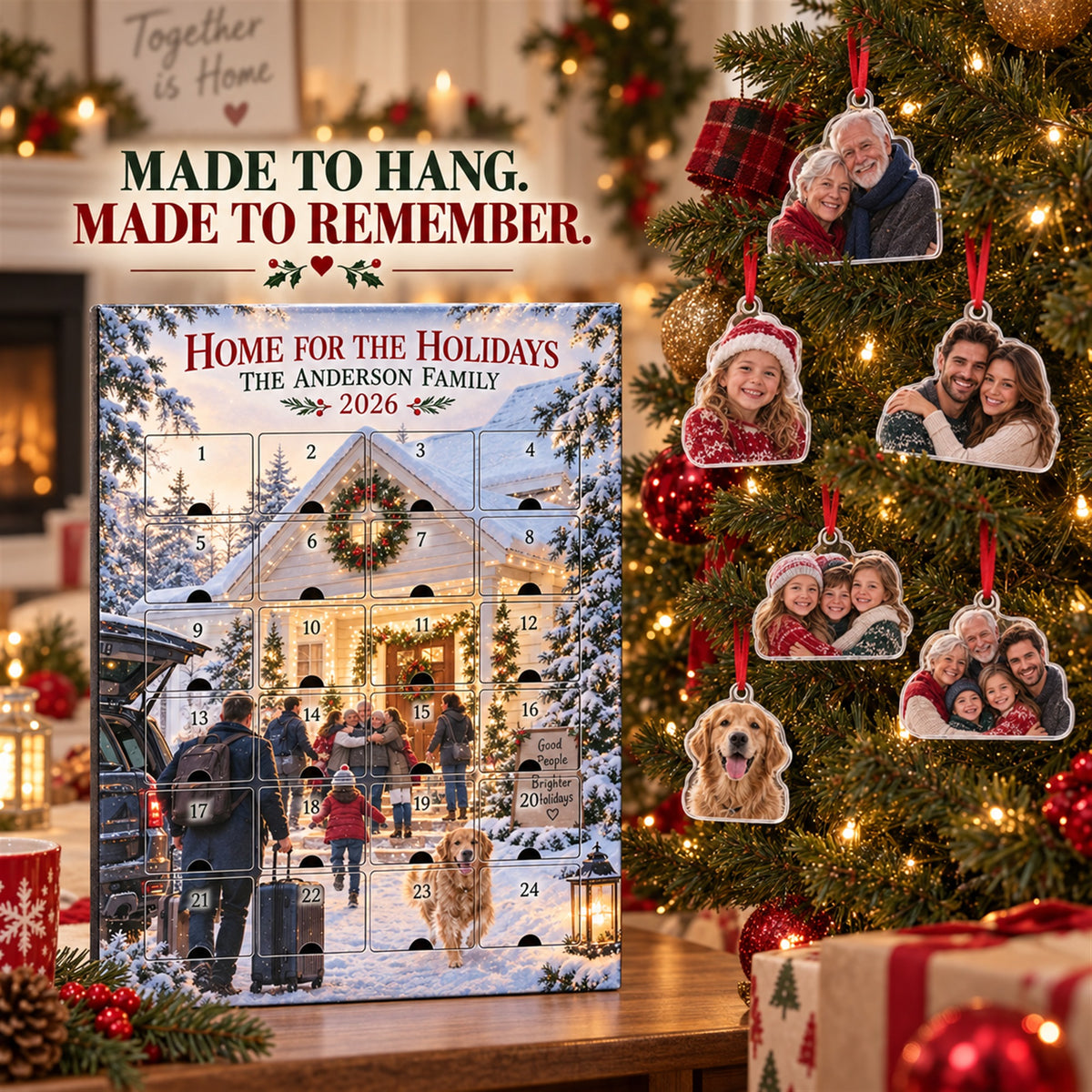 Personalized Home For The Holidays Family Reunion Advent Calendar with 24 Photo Ornaments