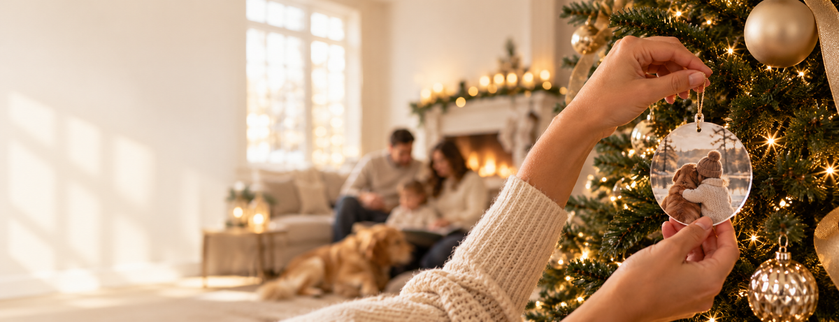 Personalized ornament being hung on a Christmas tree in a warm family home