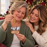 Illustrative Christmas gifting scene: a mother and daughter enjoying a small personalized Family photo ornament.