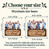Family ornament maximum size boxes: 3.5 by 3.5 inches or 4.5 by 4.5 inches. Final proportions depend on the photo.
