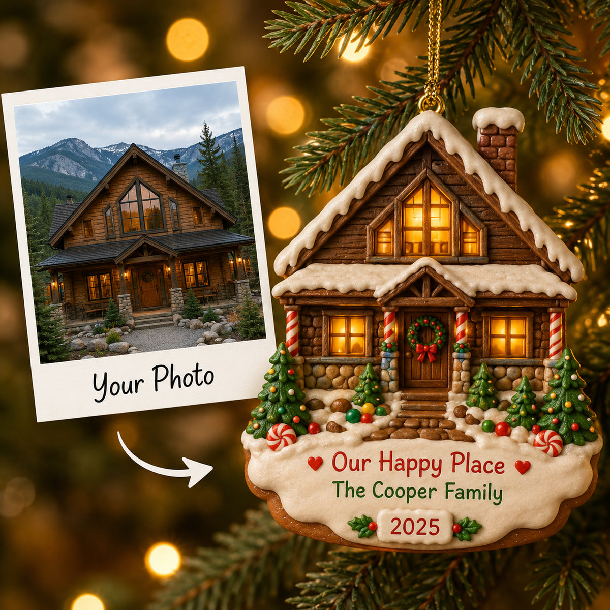 Personalized Gingerbread Our Happy Place Cabin Photo Acrylic Ornament