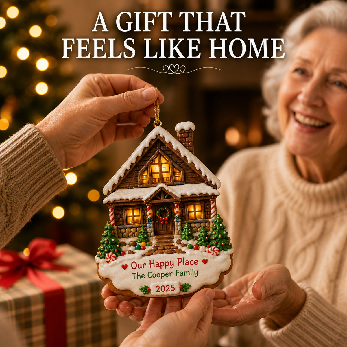 Personalized Gingerbread Our Happy Place Cabin Photo Acrylic Ornament