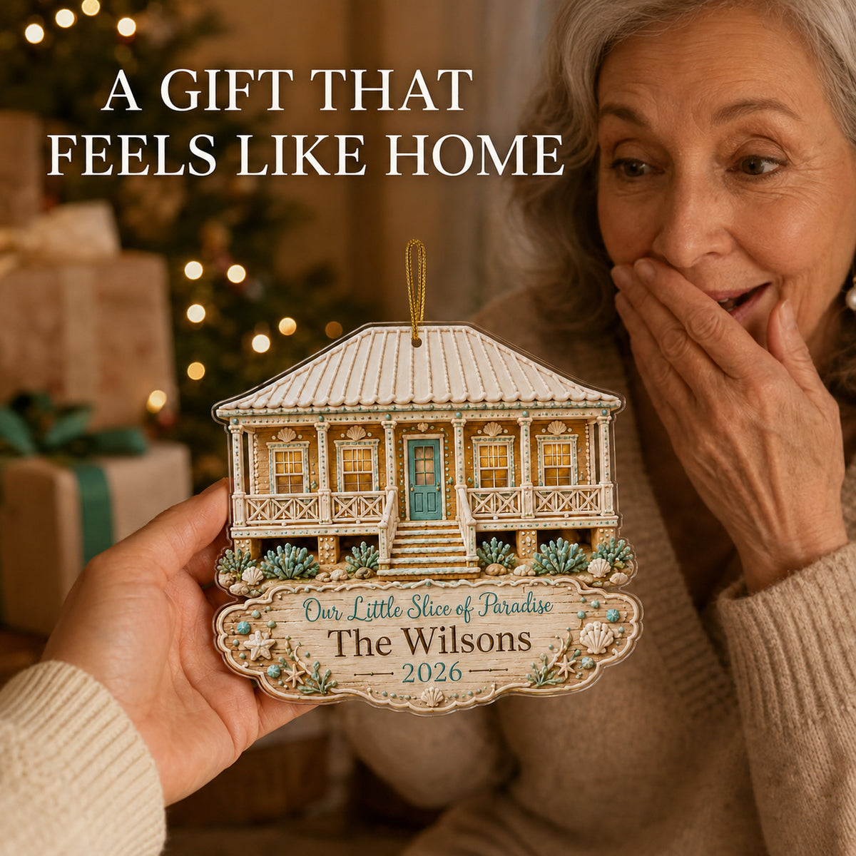 Personalized Gingerbread Coastal Sugar House Photo Acrylic Ornament