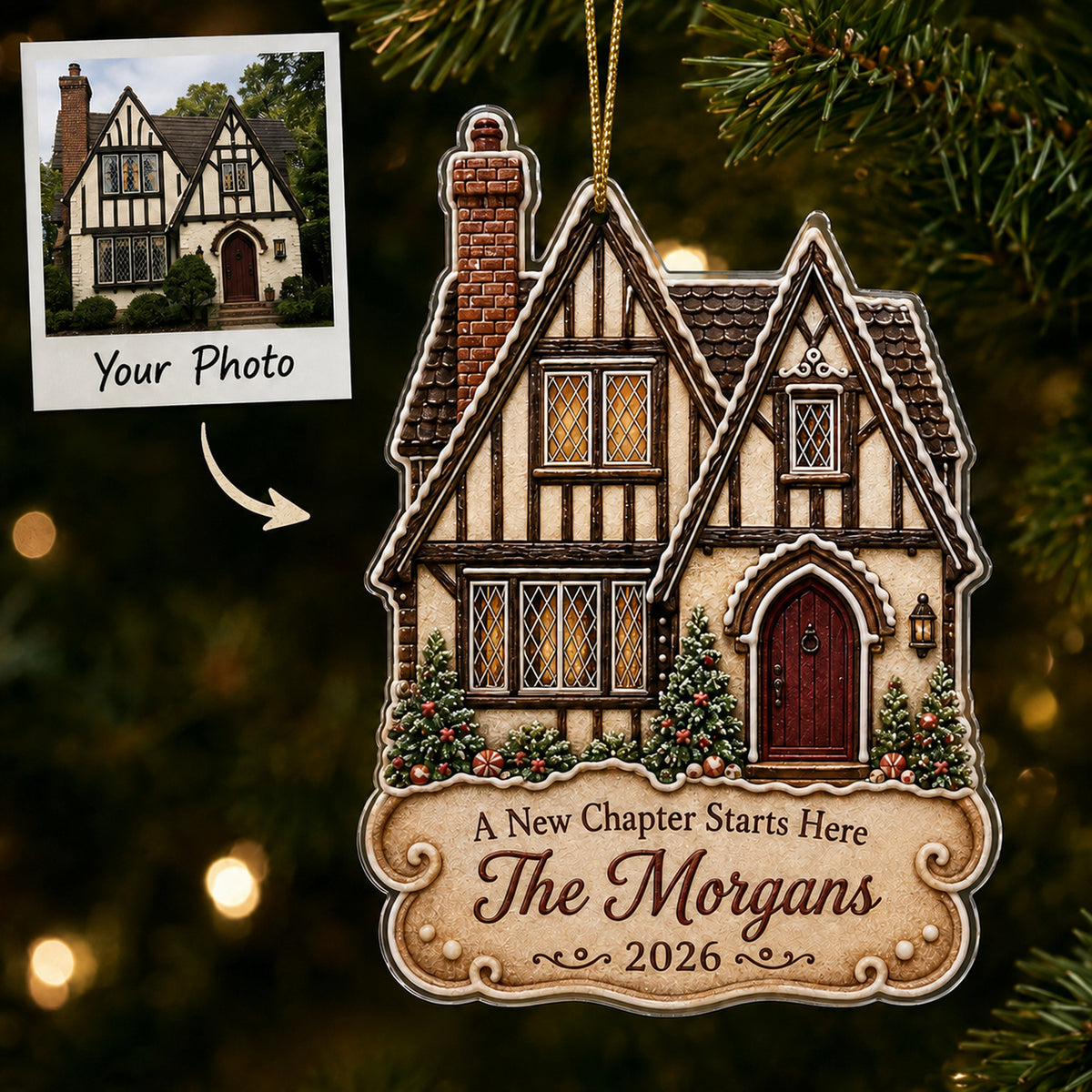 Personalized Gingerbread Tudor Storybook Home Photo Acrylic Ornament