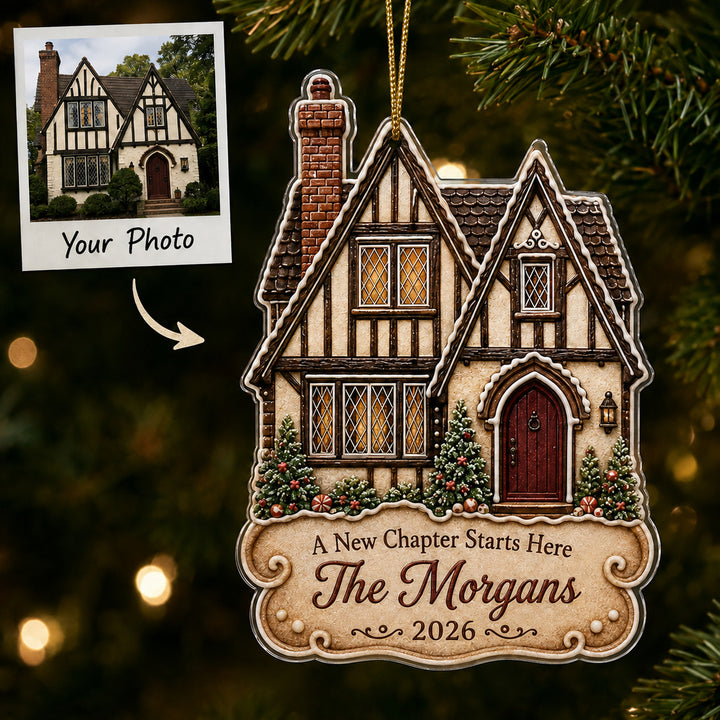 Personalized Gingerbread Tudor Storybook Home Photo Acrylic Ornament