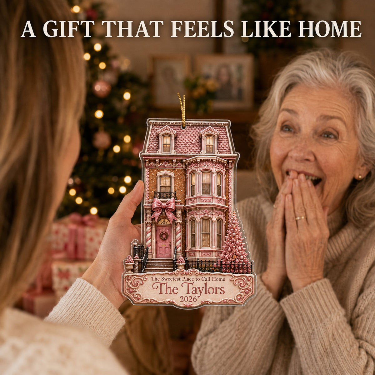 Personalized Gingerbread Pink City Townhouse Photo Acrylic Ornament