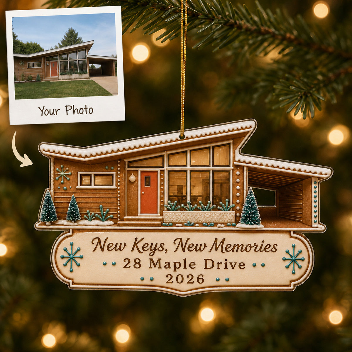 Personalized Gingerbread Mid-Century Modern Home Photo Acrylic Ornament