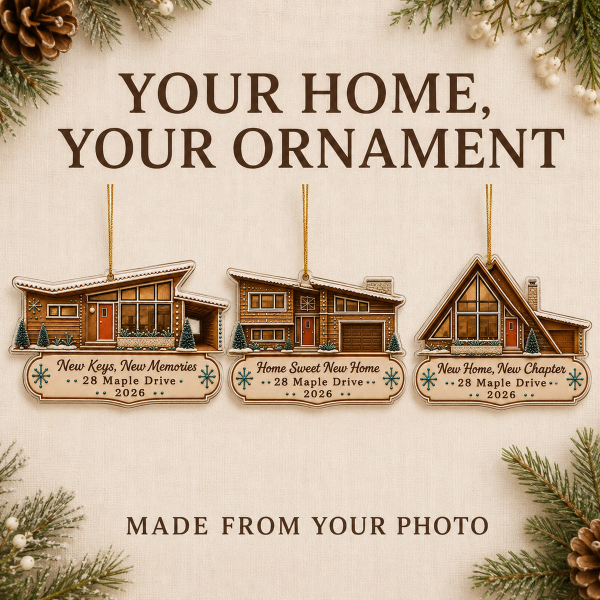 Personalized Gingerbread Mid-Century Modern Home Photo Acrylic Ornament