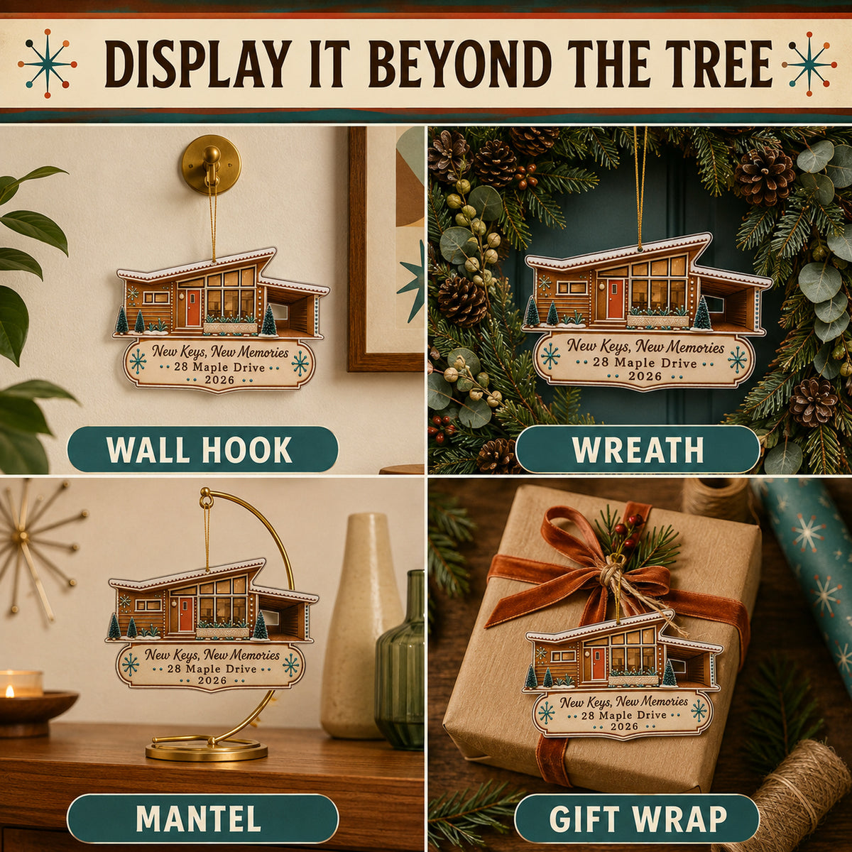 Personalized Gingerbread Mid-Century Modern Home Photo Acrylic Ornament