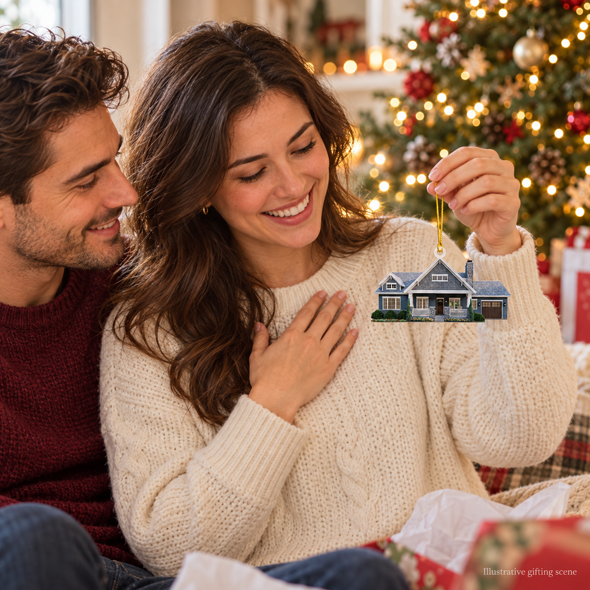 Illustrative Christmas gifting scene: a couple enjoying a personalized home photo ornament.