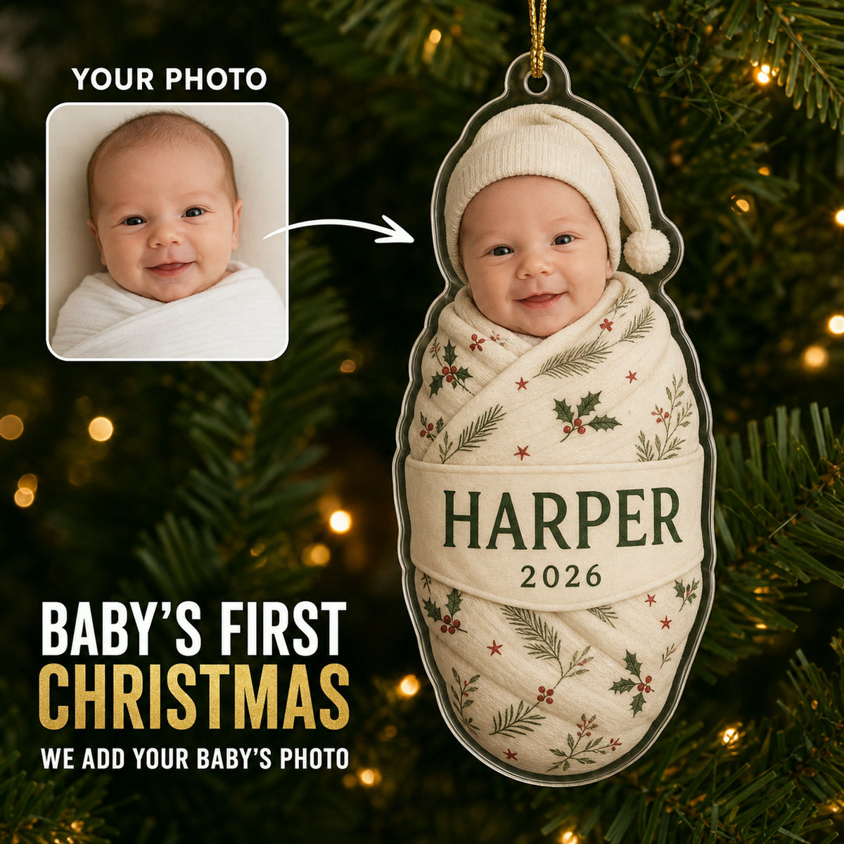 Personalized Baby First Christmas Swaddle Photo Ornament - Custom Acrylic Christmas Keepsake