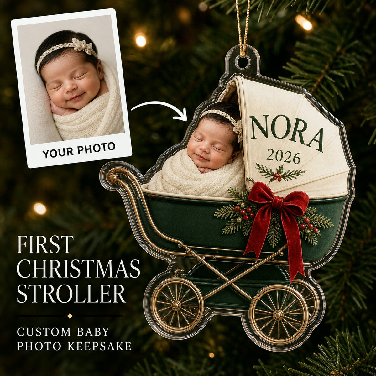 Personalized Baby First Christmas Stroller Photo Ornament - Custom Acrylic Christmas Keepsake - image 1