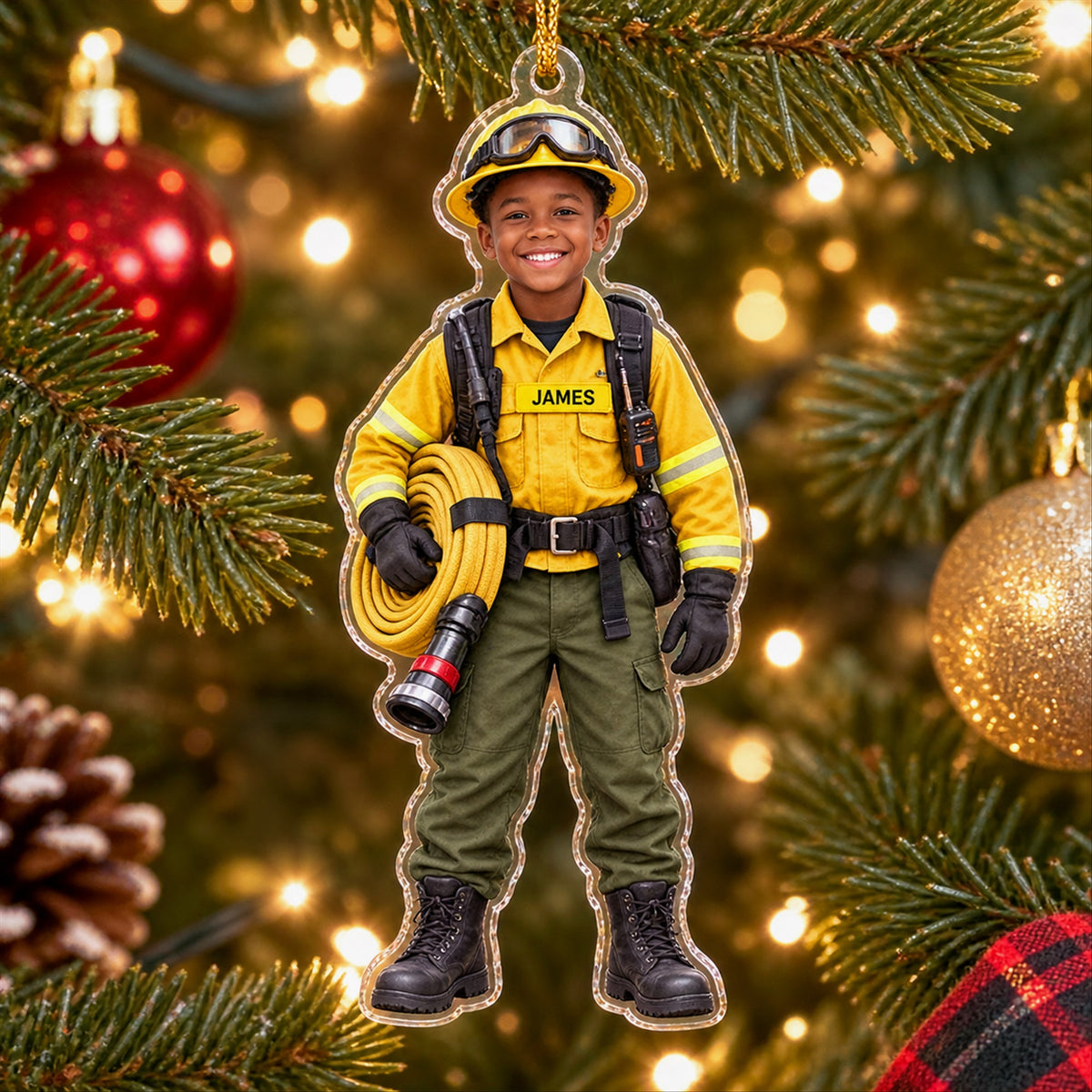 Personalized Kids Firefighter Photo Ornament - Custom Acrylic Christmas Keepsake - image 3