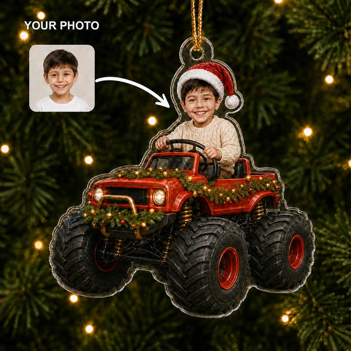 Personalized Kids Monster Truck Driver Photo Ornament - Custom Acrylic Christmas Keepsake - image 1