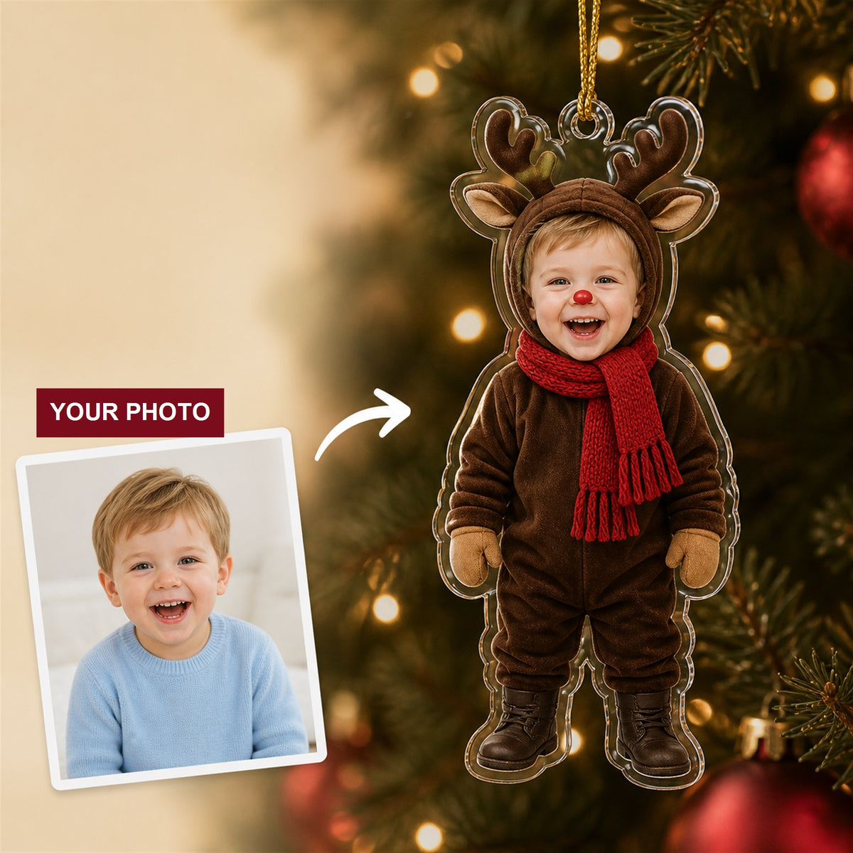 Personalized Baby Reindeer Christmas Photo Ornament - Custom Acrylic Christmas Keepsake - image 1