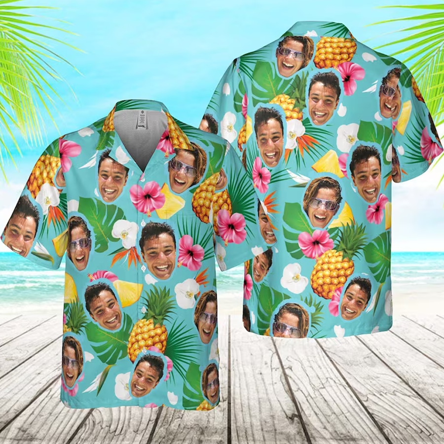 Personalized Hawaiian Shirt With Face, Custom Photo Aloha Beach Shirt, Tropical Pineapple Floral Shirts, Shirt For Summer