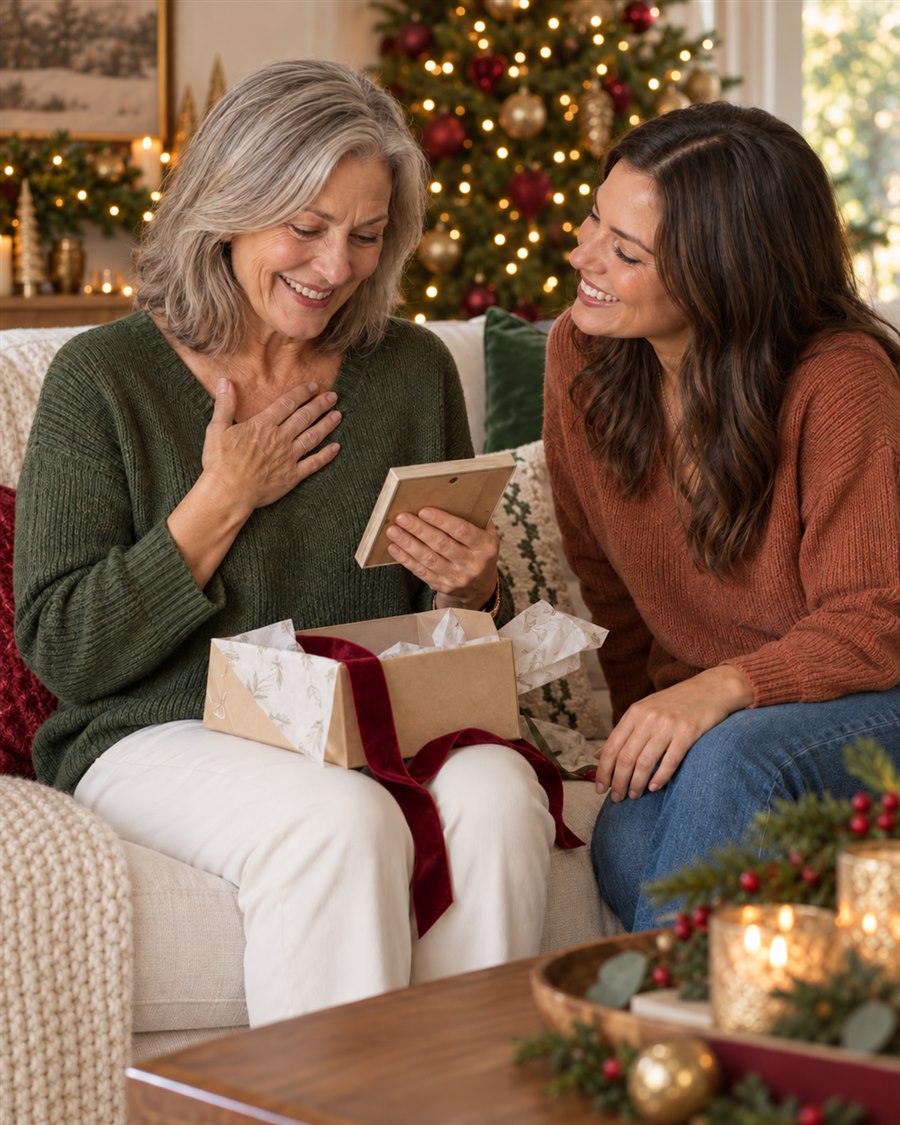 A mother and daughter sharing a personalized gift beside a Christmas tree