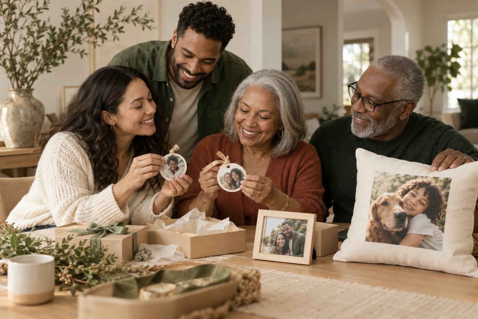 A family sharing personalized photo keepsakes